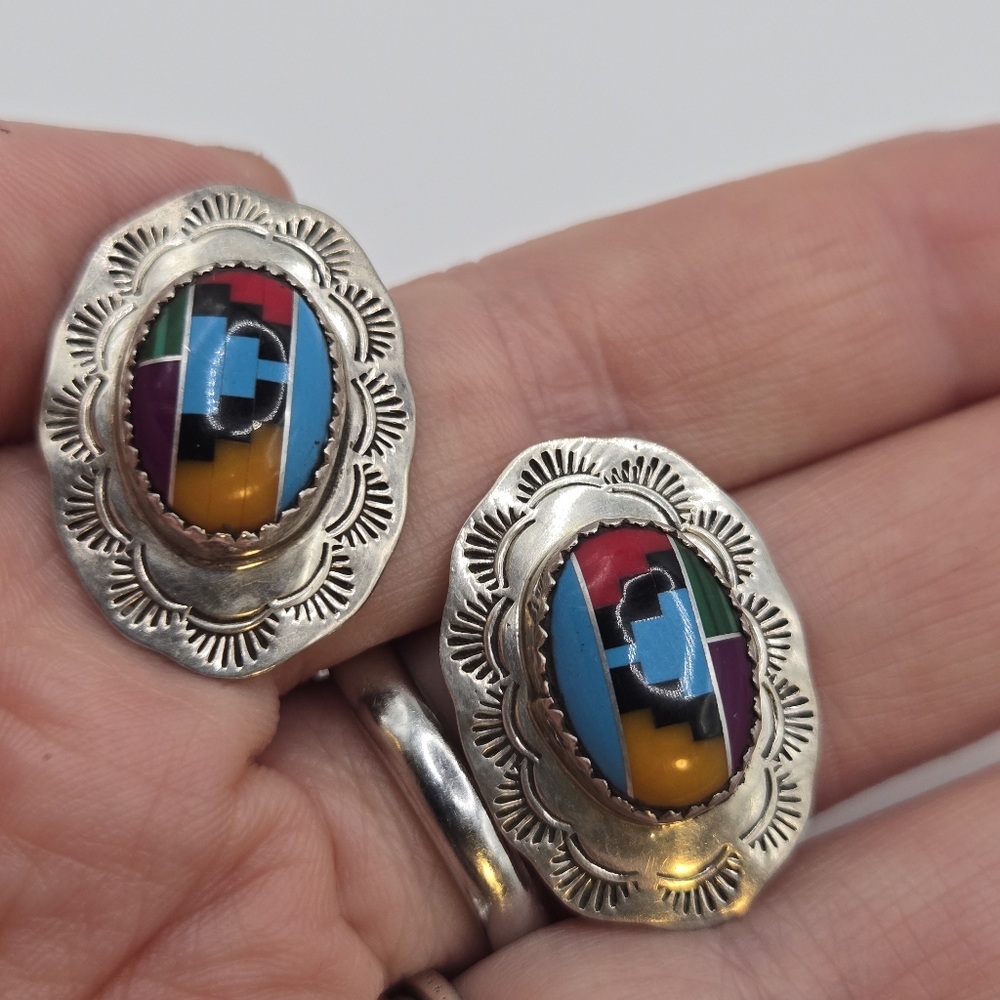 Sterling Silver Inlay Navajo Stud Earrings Richard Begay Native Artist Vintage - Picture 2 of 12